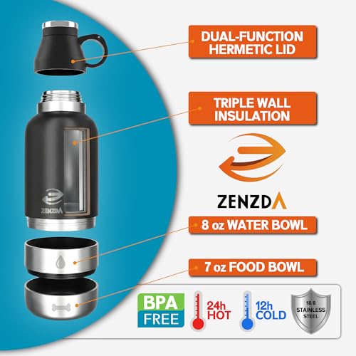 ZENZDA 3-in-1 Dog Water Bottle – Insulated Stainless Steel Travel Bottle with Food Bowl, Leakproof, Carrying Bag & Brush