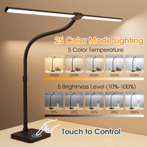 ShineTech LED Desk Lamp for Home Office, 24W Double Head Desk Light with Wireless Charging, USB Port, 25 Lighting Modes Ad...