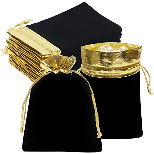 HRX Package 10pcs Velvet Bags with Drawstrings 5x7 inch, Black Gold Cloth Gift Pouches Baggies Sacks for Jewelry Dice Part...