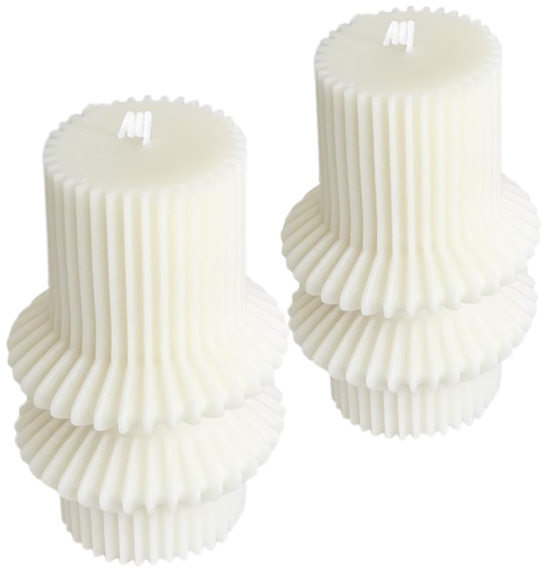 Boho Striped Pillar White Candles, 4.3" Tall Small Decorative Candles for Wedding Decor, Coffee Table, Shelf Styling, Scen...