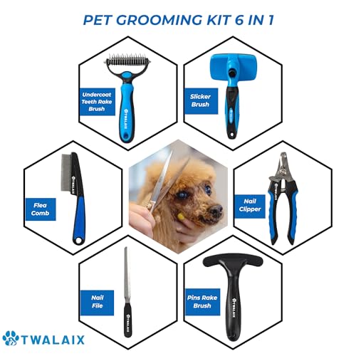 6 in 1 Pet Grooming Kit for Dogs & Cats - Deshedding Brush, Undercoat Rake, Slicker Brush, Nail Clipper, Nail File & Flea ...