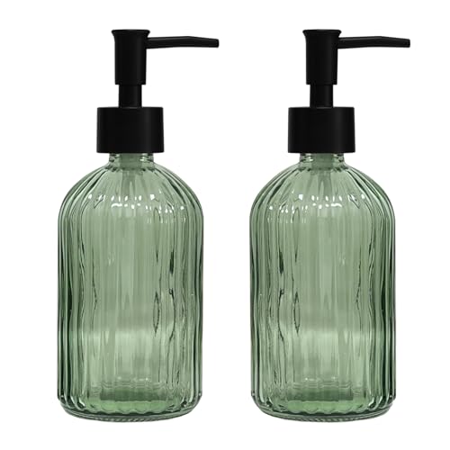 Green Glass Soap Dispenser Set with Black Pump, 13.5oz Refillable Liquid Hand Soap Dispenser, Lotion Dish Soap Dispenser f...