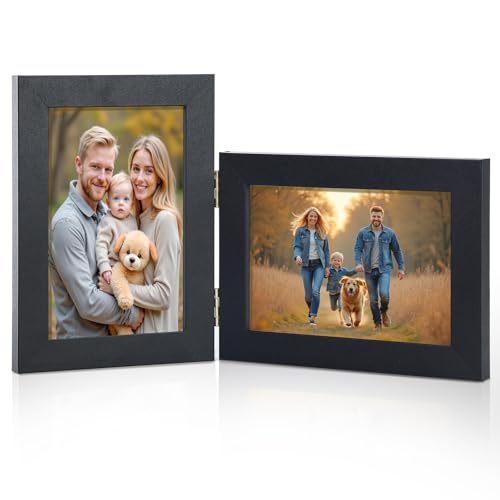 Epecfan 5x7 Double Hinged Picture Frame - Black Foldable Photo Frame with Real Glass, Adjustable Vertical & Horizontal Dis...