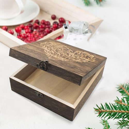 Hiyoo Wooden Memory Keepsake Box with Lid, Floral Heart Engraved Keepsake Box Decorative Storage Case For Photos Letter Ti...