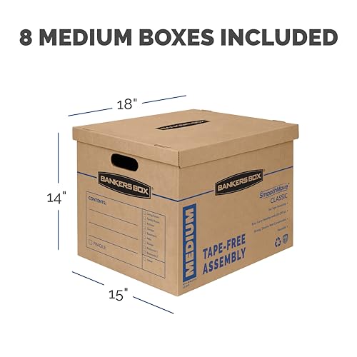 Bankers Box Medium Classic Moving Box 8 Pack, Reinforced Handles, Tape-Free Assembly, Box with Lid, 19-in x 14.5-in x 15....