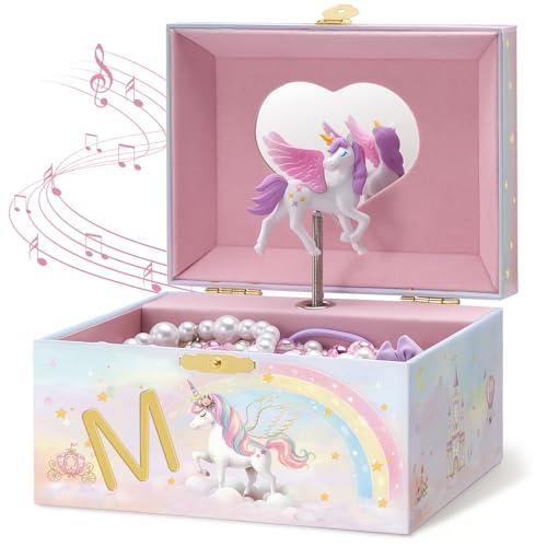 Lolalet Unicorn Jewelry Box for Girls, Kids Initial Musical Jewelry Organizer with Spinning Doll, Personalized Birthday Gi...