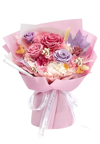 Preserved Flowers Roses Bouquet with Vases Real Pink Flowers for Delivery Prime, Forever Glitter Rose Bouquets Kit,Handmad...