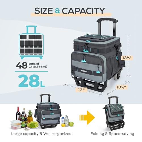 TOURIT 48 Can Collapsible Cooler with Wheels, Insulated Rolling Cooler with All-Terrain Cart, Waterproof Soft Sided Cooler...