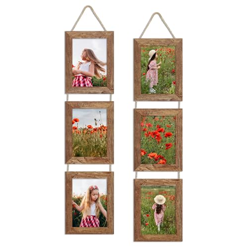 ccdcc 5x7 Collage Picture Frames Set of 2, Rustic Wooden Real Glass Vertical Hanging 3 Opening 5 by 7 Photo Frame, Rustic ...