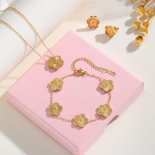 Gold Necklaces Bracelets Earring Set - 18K Gold Plated Flower Bracelet Chain,Stainless Steel Non Tarnish Floral Pendant St...