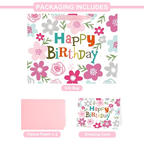 ASYEHJNR 13" Large Size Happy Birthday Gift Bag Pink Gray Teal Floral Flower with Colorful Happy Birthday Sign Boho Gift B...
