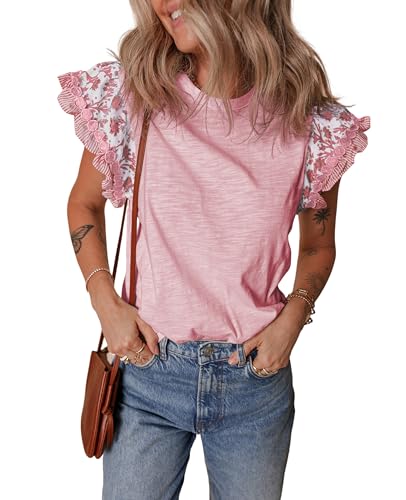 SELINK Womens Summer Ruffle Short Sleeve Top Crewneck T Shirts Floral Trim Casual Blouses