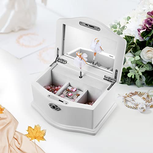Jozen Gift Wooden Ballerina Medium White Musical Jewelry Box with Mirror and Lock for girls，Kid's Jewelry Storage Music Bo...