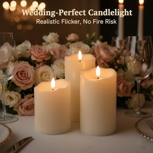 ANGELLOONG Flickering Flameless Candles, Realistic Battery Operated Candles with Remote and Timer, Set of 3 LED Candles fo...