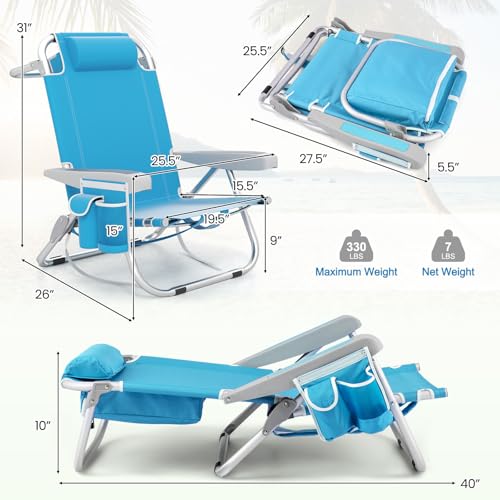 Goplus Beach Chair, 330lbs Folding Backpack Chairs for Adults with 5-Position Backrest, Storage Pockets, Towel Bar & Headr...