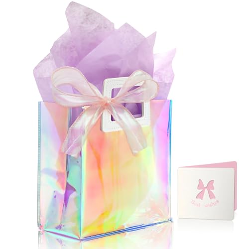 KeerxunBag 1 Pack Holographic Gift Bags with Handles & 2 Tissue Paper Sheets – Iridescent Transparent Reusable Bags for Wo...