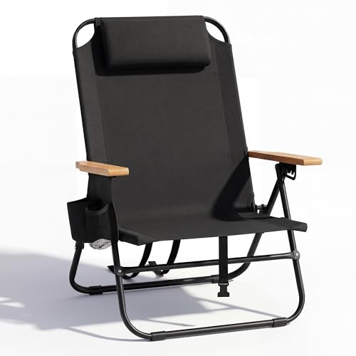 Cansky Portable Beach Chair for Adults, Outdoor Lightweight Camping Chair with Wooden Desgin Armrests, 5-Position Reclinin...