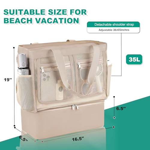 Beach Bags for Women, Large Beach Tote Bag Waterproof Mesh Swim Pool Bag with Cooler for Travel Vacation Essentials