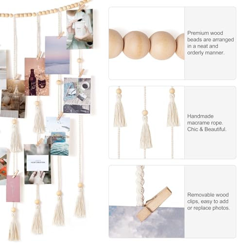 Mkono Macrame Hanging Photo Display Wall Decor with String Lights Boho Room Bedroom Wooden Beads Garland Picture Greeting ...