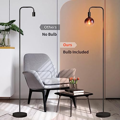 ONEWISH Floor Lamp for Living Room - Minimalist Industrial Standing Lamp with Modern LED Bulb, Globe Black Clear Glass 6",...