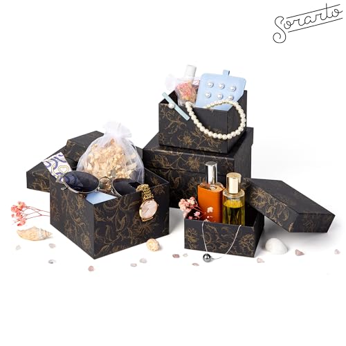 Sorarto Square Gift Boxes with Lids 4pc Set | Black Gold Floral Nesting Gift Boxes for Presents Birthday Wedding Bridesmai...