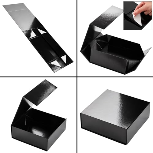 Stockroom Plus Gift Boxes with Lids - 9.5 x 9.5 x 3.5 In, 6-Pack Glossy Black Square - Magnetic Closure & Reusable Decorat...