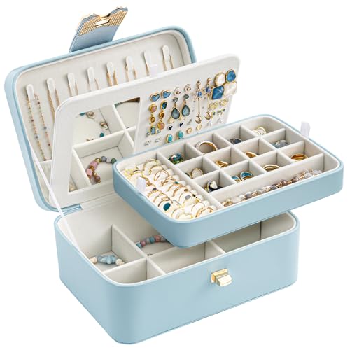 Lolalet 2 Layer Jewelry Box for Teen Girls & Young Women, Jewelry Organizer Case with Bow Clasp and Mirror for Earrings Ri...