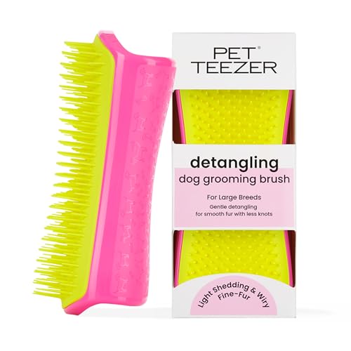 Pet Teezer Detangling Dog Grooming Brush, Dog Bath Brush for Long Haired Breeds and Wet or Dry Fur, Large, Pink & Yellow