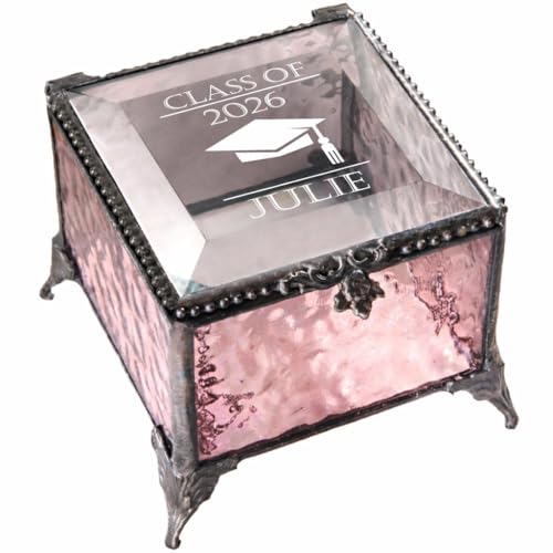 Graduation Keepsake Box Class of 2026 Personalized Name, Textured Clear Glass Jewelry Box, Engraved Memory Box with Gradua...