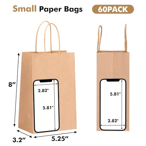 OUTUXED 60pcs 5.25x3.2x8in Small Gift Bags, Brown Paper Bags with Handles Bulk for Gift, Shopping, Birthday, Wedding, Busi...