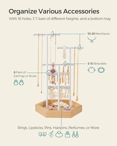 SONGMICS Jewelry Holder, Jewelry Organizer, 3 Tiers and 1 Tray, Jewelry Display Stand with Metal Frame, Necklace Earring B...