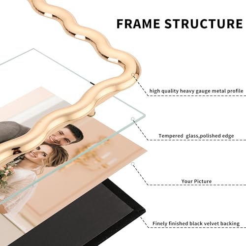 YiPinYin 4x6‘’ Gold Picture Frames Set of 2,High-End Heavy Duty Zinc Alloy Photo Frames with Wave Design,Velvet Backing, D...