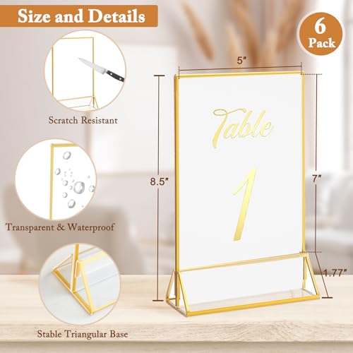 Floroom 6 Pack 5x7 Inch Clear Acrylic Sign Holders, Double-Sided Gold Display Stand Picture Frames for Table Numbers, Menu...