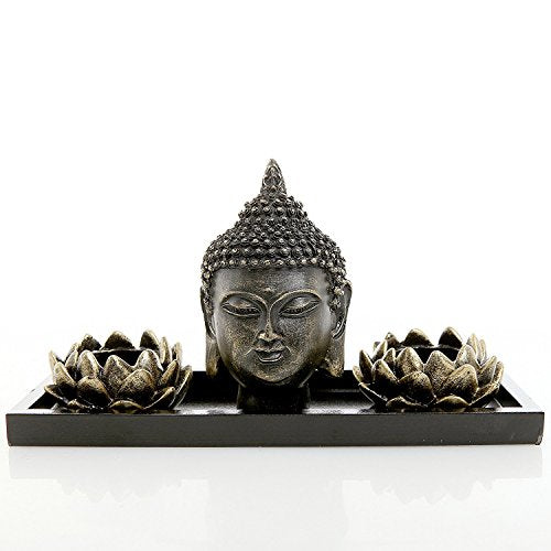 MyGift Black Buddha Head Sculpture Zen Garden Set with Lotus Tealight Candle Holders and Wooden Display Tray, Decorative T...