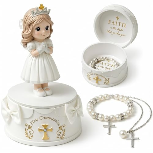 WANCHIY First Communion Gifts for Girls - 1st Holy Communion Gift with Prayerful Girl Figurine, Keepsake Box & Pearl Brace...