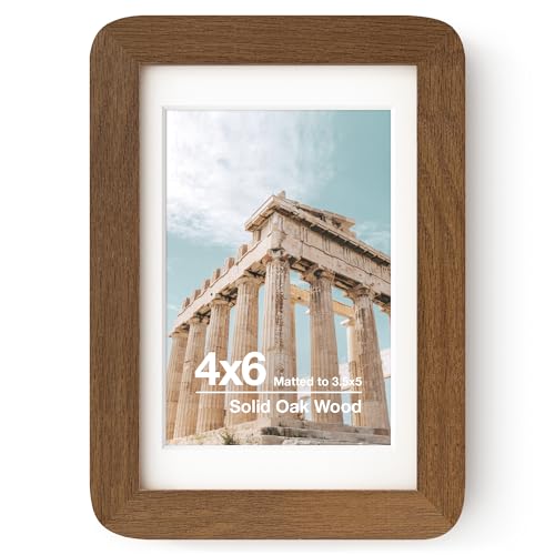 FLYJOE 4x6 Solid Oak Wood Picture Frame | 4x6 With Mat For 3.5x5 | Plexiglas Hanging Hardware Included | Walnut, 1 Pack