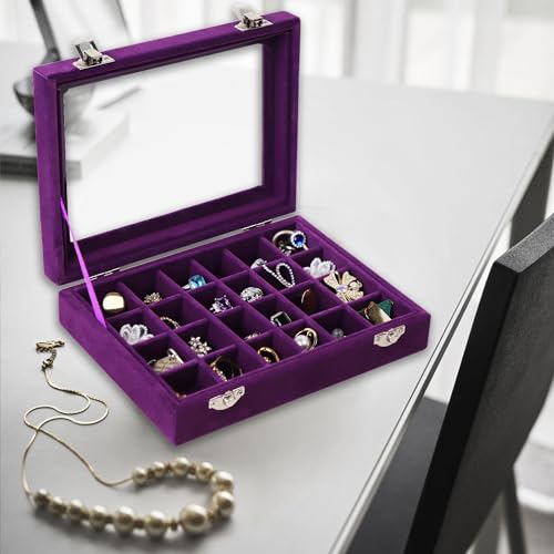 EONGOA Velvet Jewelry Box 24 Grid Jewelry Earrings Display Organiser Box Ring Tray Holder Earrings Storage Case for Girls ...