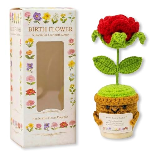 Xulvrax June Birth Flower Rose Crochet Potted Plant Gift, Handmade Style with Wooden Base, Romantic Birthday Desk Decor, f...