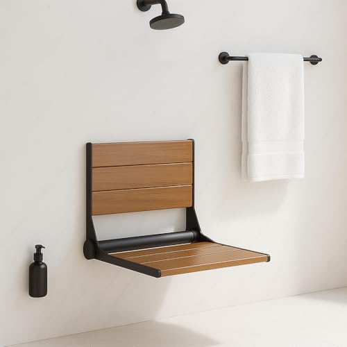 Home Aesthetics 18" ADA Compliant Wall-Mounted Folding Serena Teak Wood Shower Bench Seat with Matte Black Frame, Clear Co...