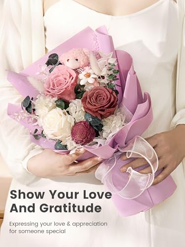 Polylove Forever Flower Bouquet Flowers for Delivery Prime Preserved Roses with Bear Gift Box for Wife Women Mother Day An...