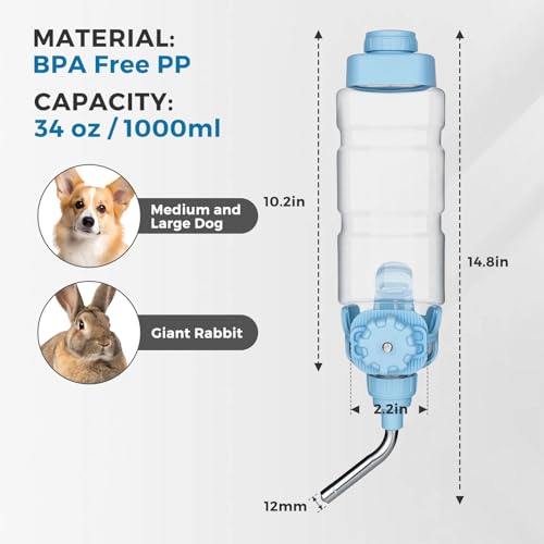 Vannon Dog Water Dispenser for Cage, 34oz Auto Feeding Crate Water Bottle for Dogs, Cats & Rabbits, Pet Nozzle Diameter: 1...