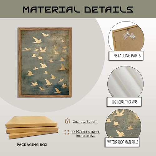 Framed Flock of Birds Canvas Wall Art, Vintage Minimalist Abstract Landscape Painting, Neutral Gold Birds Spiritual Wall D...