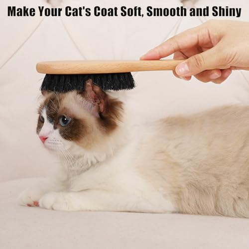 Boar Bristle Cat Brush with Wooden Handle, Soft and Gentle, Reduce Shedding, Make Coat Soft, Smooth and Shinny, Daily Groo...
