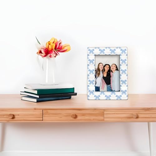 Foyoulame Blue Bow Picture Frame 4x6, Blue Preppy Coquette Bow Decor Wooden Picture Frame, Preppy Girly Gifts for Women Gi...