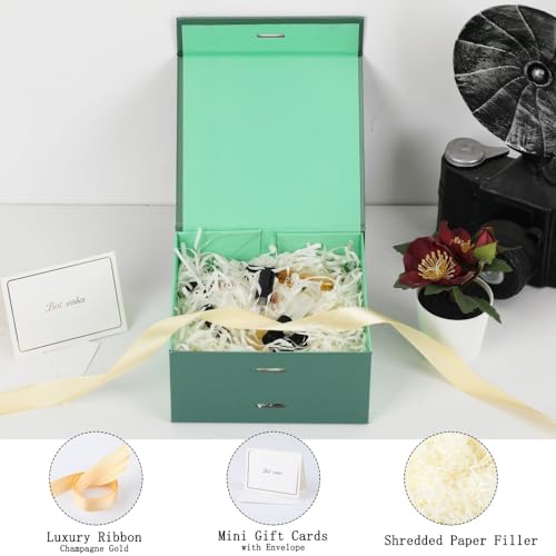 BoxSkivra Green Gift Box with Ribbon 1 Pack 6X6X3 Inch Small Gift Box with Lid Magnetic Closure Rectangle Collapsible Luxu...