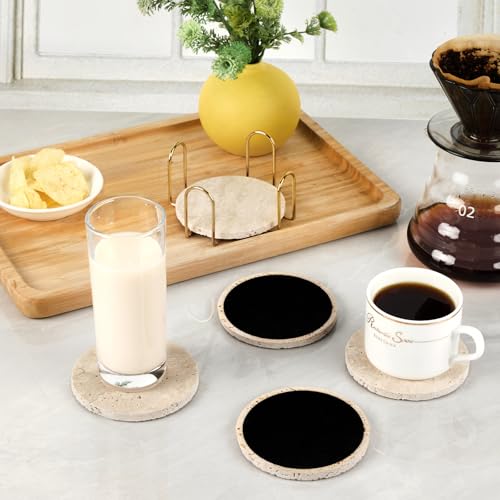 YONGHEE Italian Travertine Coasters Set of 5 with Holder, Round Beige Marble Drink Coasters for Coffee Table Decor Housewa...