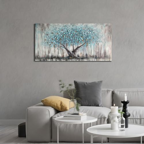 Arjun Tree of Life Wall Art Canvas for Living Room Blue Tree Nature Teal Painting, 50% Hand Painted Textured Picture Bedro...