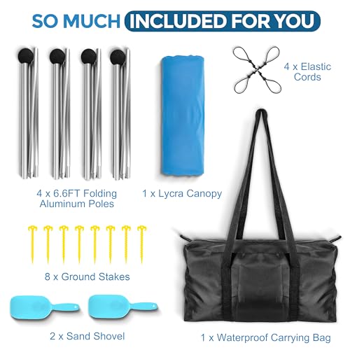 VIONMI Beach Canopy Beach Tent Pop Up Shade 10x10ft Sun Shelter UPF50+ with 8 Sandbags-2 Sand Shovel-4 Aluminum Poles-Grou...