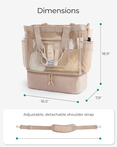 BAGSMART Beach Bag for Women, Mesh Tote Bags with Zipper, Sandproof Vacation Essentials with Cooler for Swim Cruise Pool