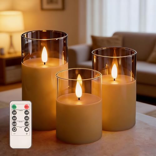 Eynshoo Gold Flameless LED Candles with Remote & Timer, 3-Piece Flickering Pillar Candle Set, Realistic Flame Effect, Adju...